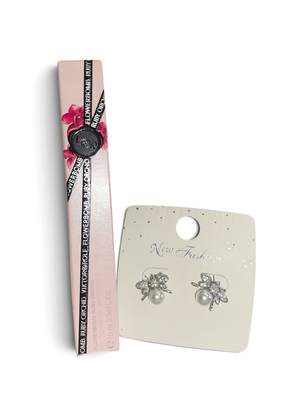 VIKTOR & ROLF FLOWER BOMB RUBY ORCHID TRAVEL FRAGRANCE AND BEE PEARL STUDS